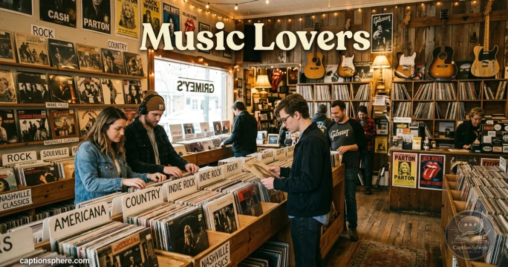 Person browsing vinyl records inside a Nashville record store.