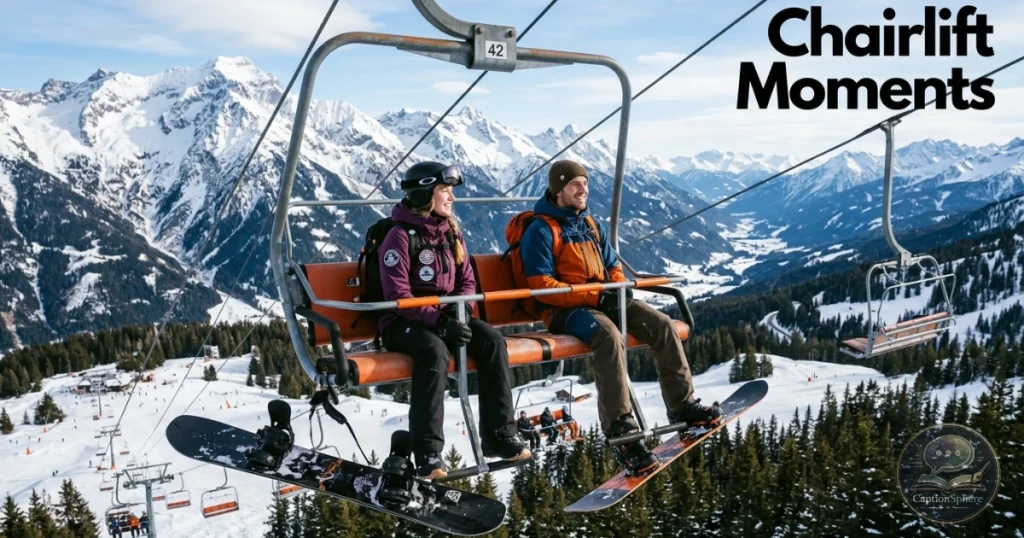 Friends riding a chairlift above snowy pine forests and ski trails.