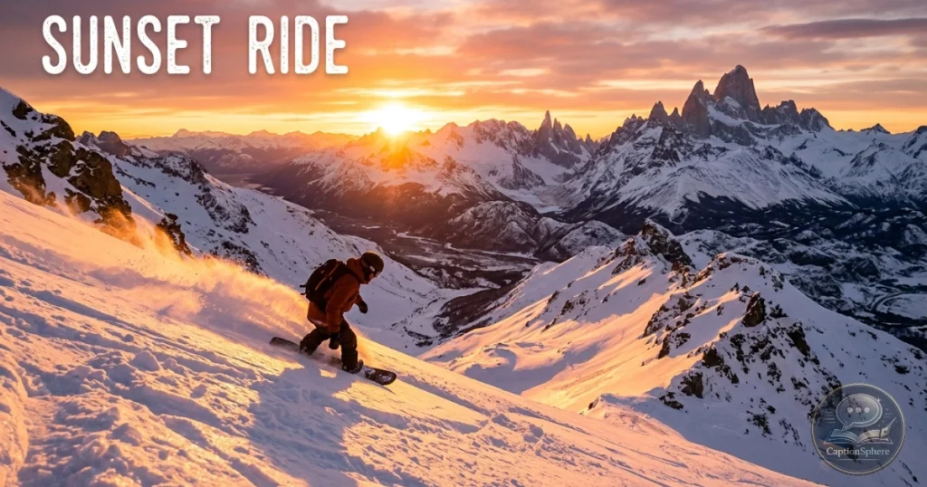 Snowboarder riding down a mountain during a colorful winter sunset.