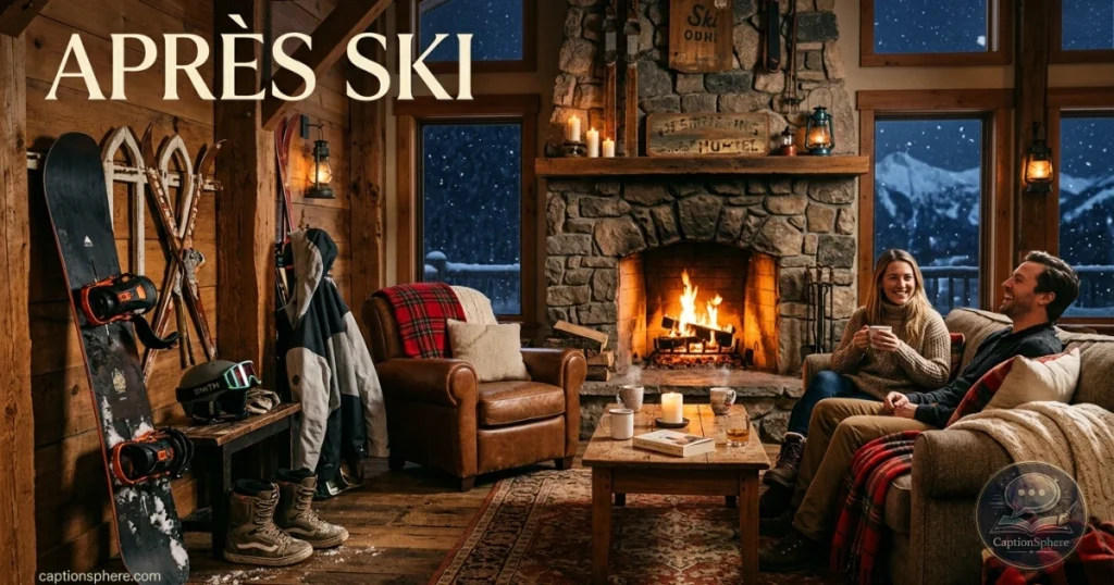 Snowboarder relaxing with hot chocolate beside a fireplace in a ski lodge.