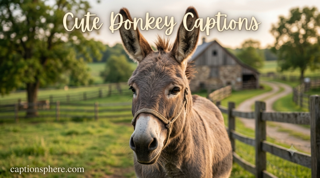 Cute donkey portrait showing soft eyes in farm setting