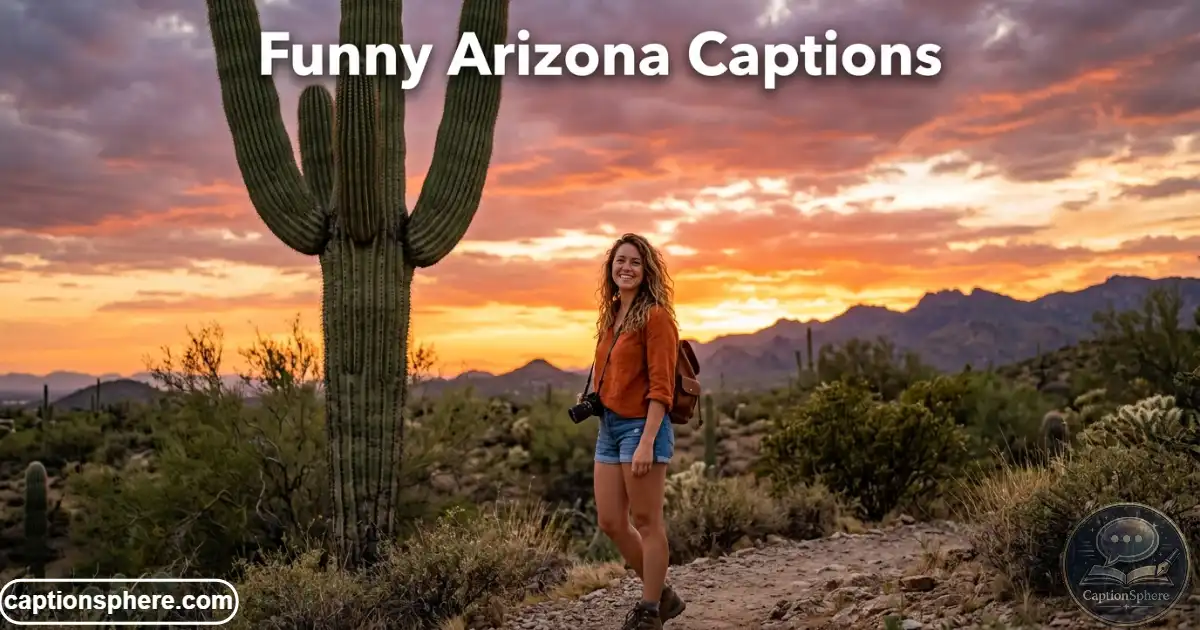 Traveler smiling beside a giant saguaro cactus in the Arizona desert at sunset.