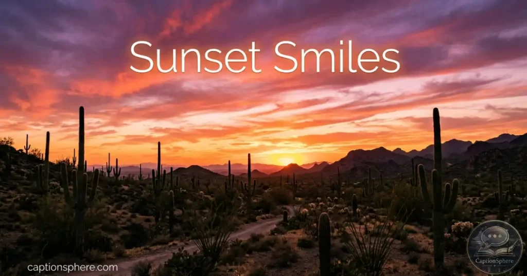Colorful Arizona sunset above desert cacti and distant mountains.