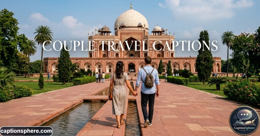 Couple walking together through Humayun’s Tomb gardens with monument behind
