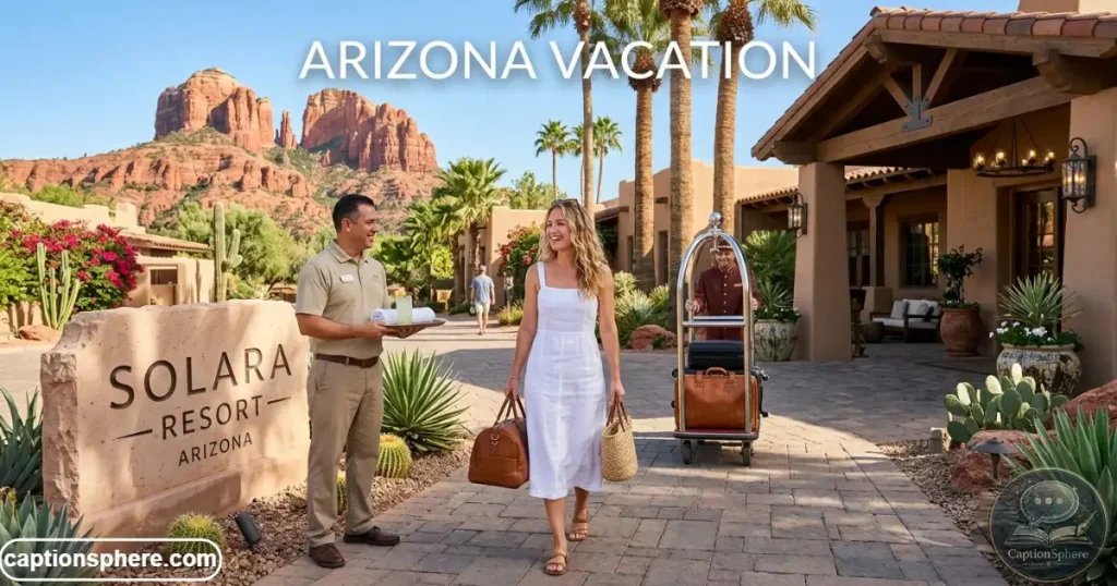 Traveler with luggage enjoying a sunny Arizona resort courtyard.