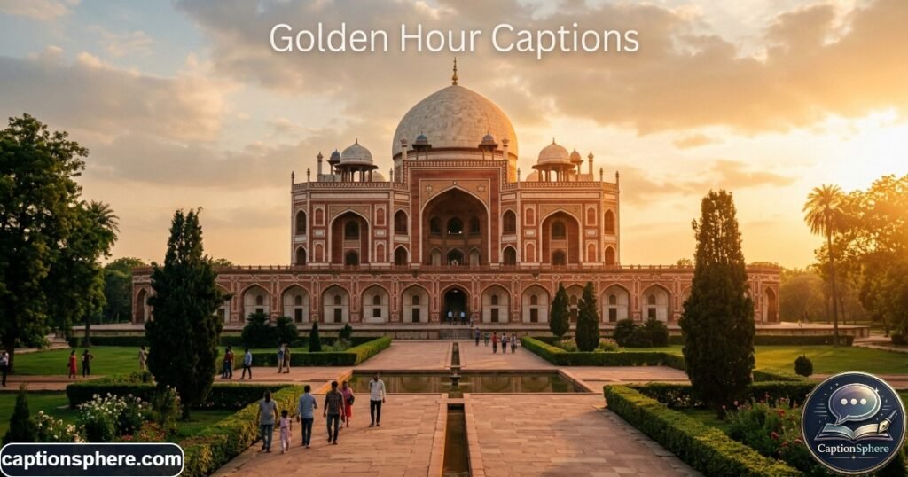 Humayun’s Tomb glowing in warm evening light above its garden paths