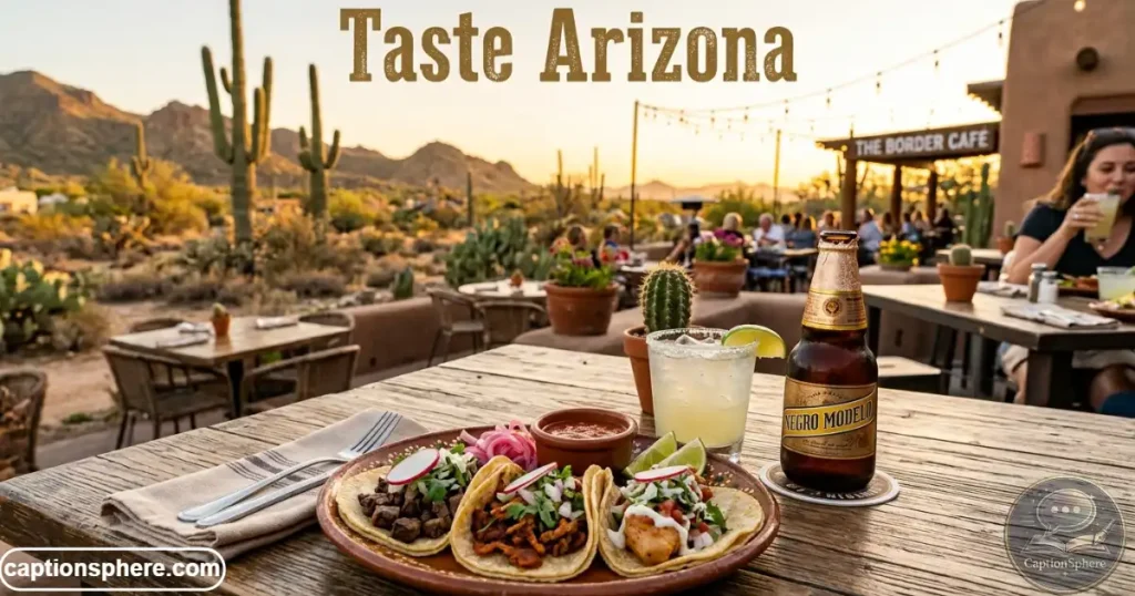 Outdoor table featuring tacos and refreshing drinks with desert scenery.