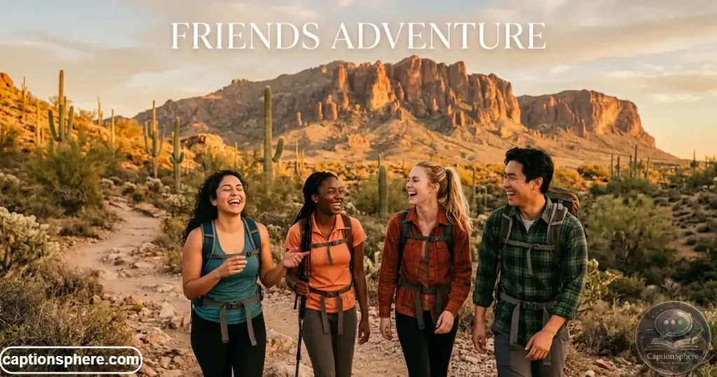Group of friends laughing together on an Arizona desert trail.