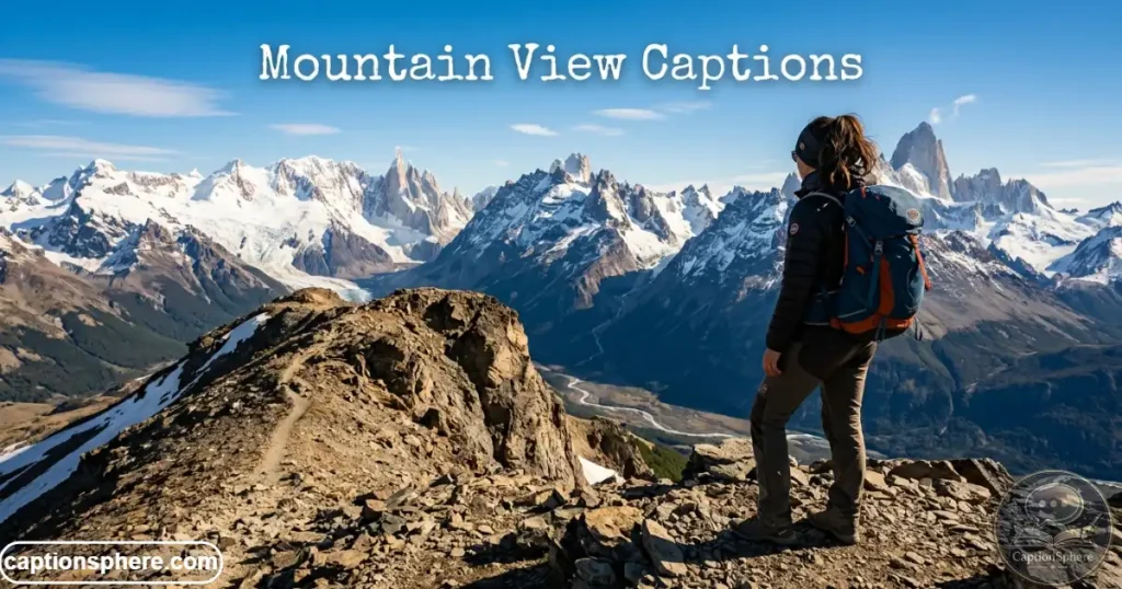 Hiker standing on a rocky mountain summit overlooking distant peaks.
