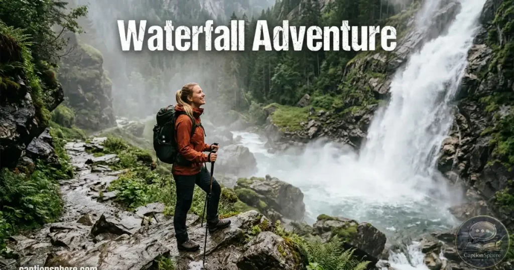 Hiker standing near a cascading waterfall surrounded by lush greenery.