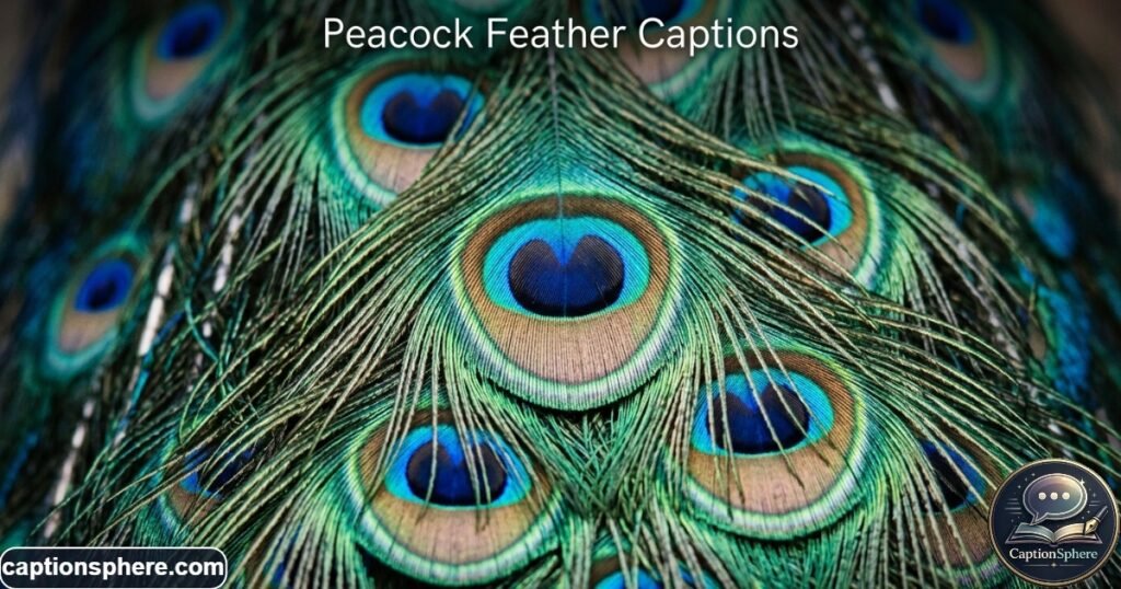 Close-up of detailed peacock feathers showing blue green and gold colors