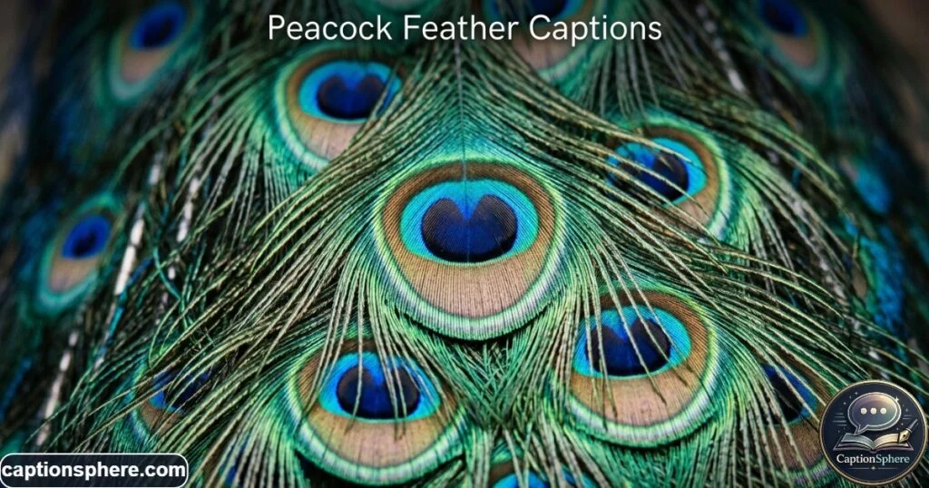 Close-up of detailed peacock feathers showing blue green and gold colors