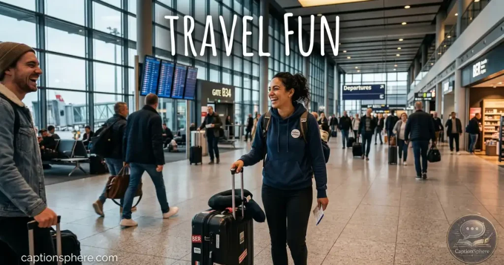 Traveler smiling with luggage inside airport terminal