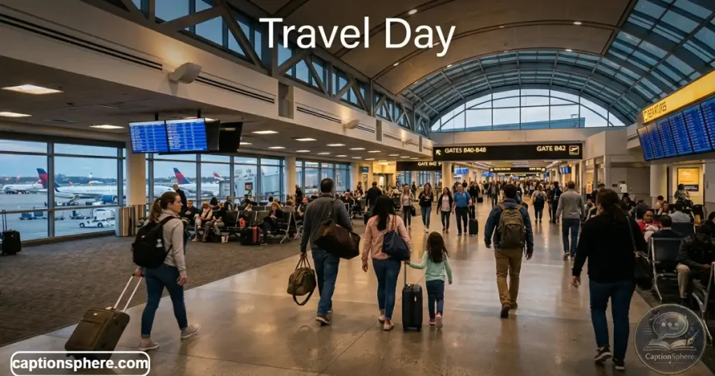 Travelers walking through airport terminal with luggage