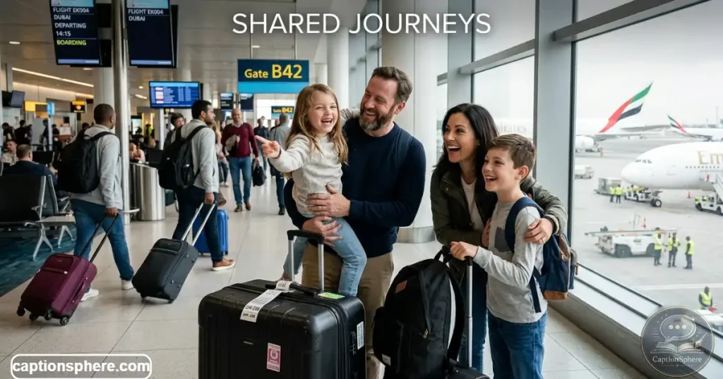 Family travelers smiling together inside airport terminal