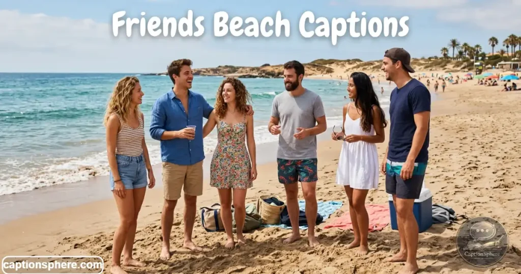Group of friends posing near ocean shore