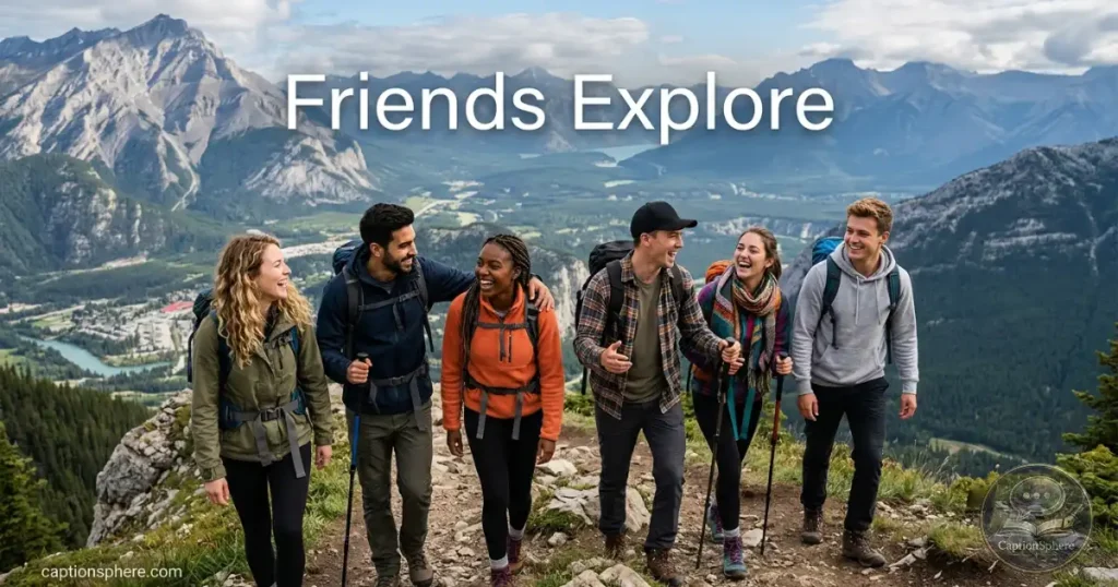 Group of friends walking together through a scenic viewpoint.