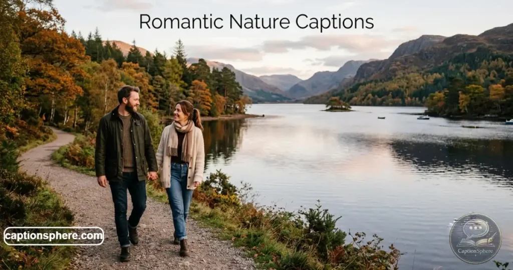 Couple walking together beside a peaceful natural landscape