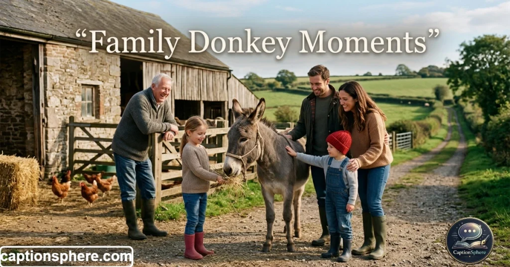 Family visiting donkey at outdoor farm enclosure