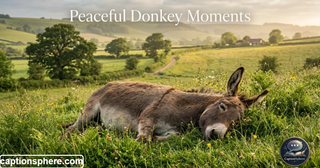 Donkey resting quietly in natural green landscape