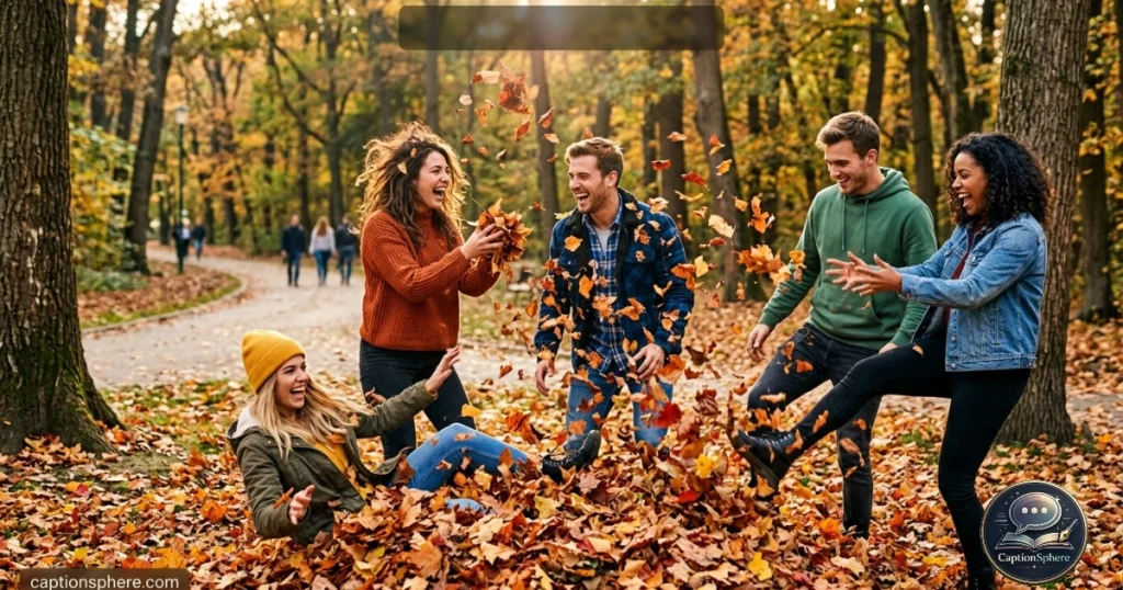People playing in large pile of autumn leaves