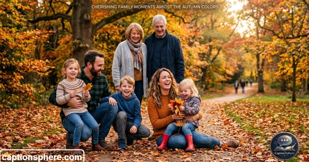 Family standing together among colorful fall leaves