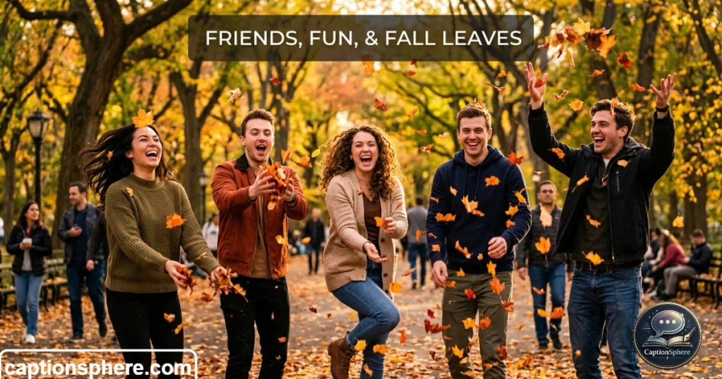Friends laughing while playing with autumn leaves