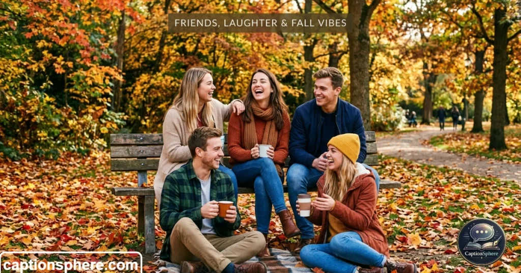 Group of friends outdoors among colorful fall leaves