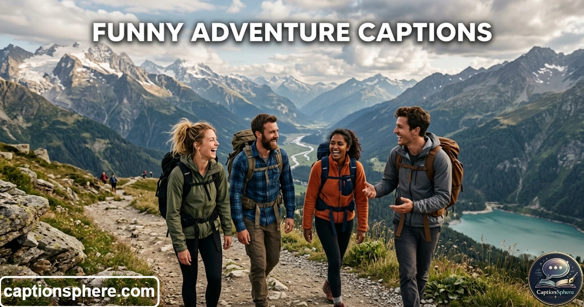 Friends laughing during outdoor adventure near scenic landscape