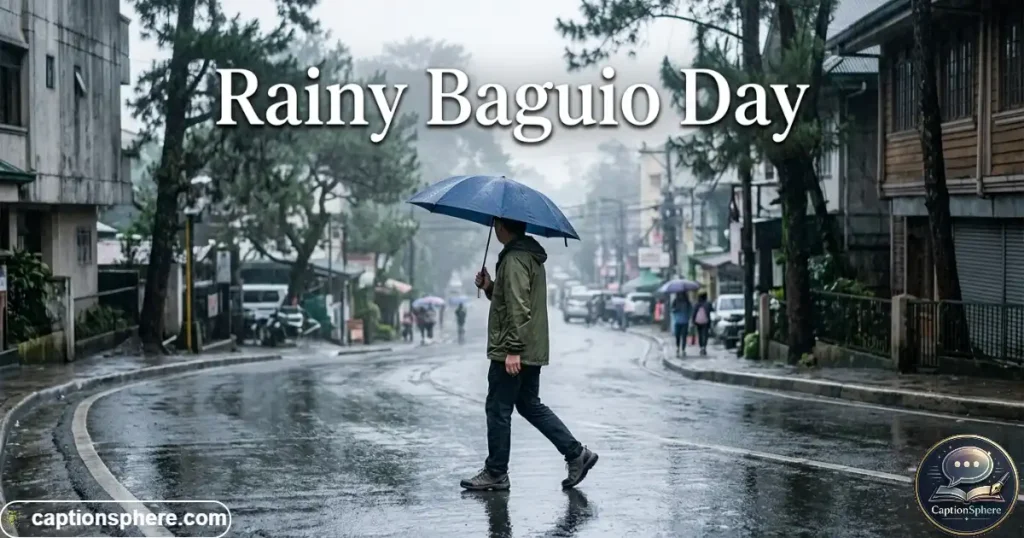 Person holding an umbrella on a wet Baguio street during light rain