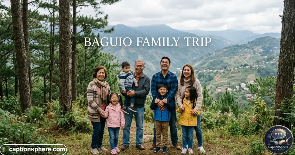 Family posing together outdoors with pine trees and mountain scenery in Baguio