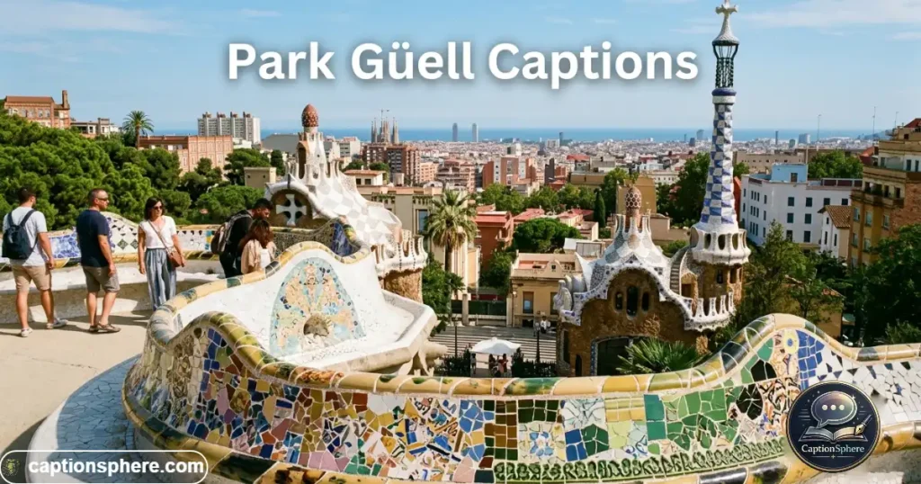 Colorful mosaic architecture at Park Güell overlooking Barcelona rooftops