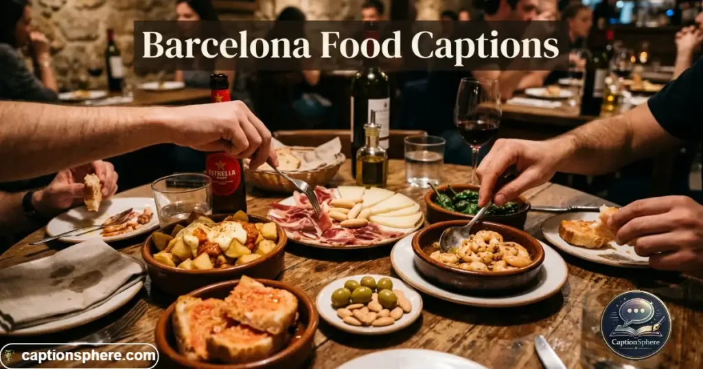Shared tapas plates and drinks arranged across a Barcelona dining table