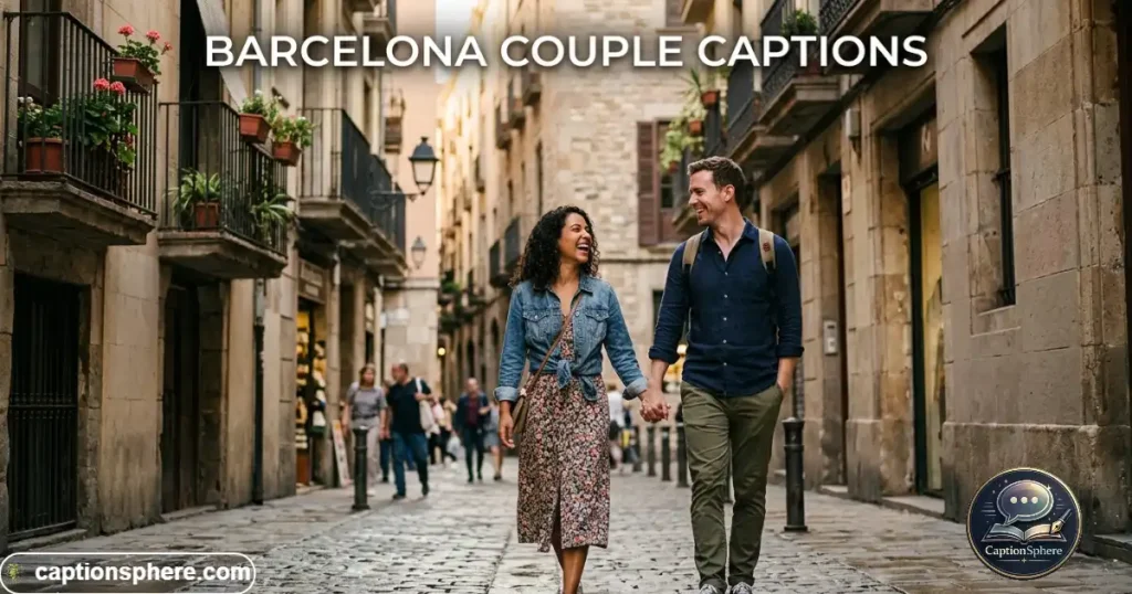 Couple walking hand in hand along a sunny Barcelona street
