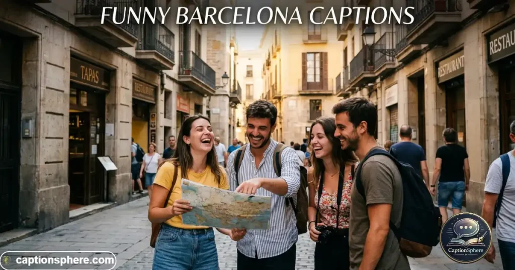 Friends checking a map while laughing on a Barcelona street