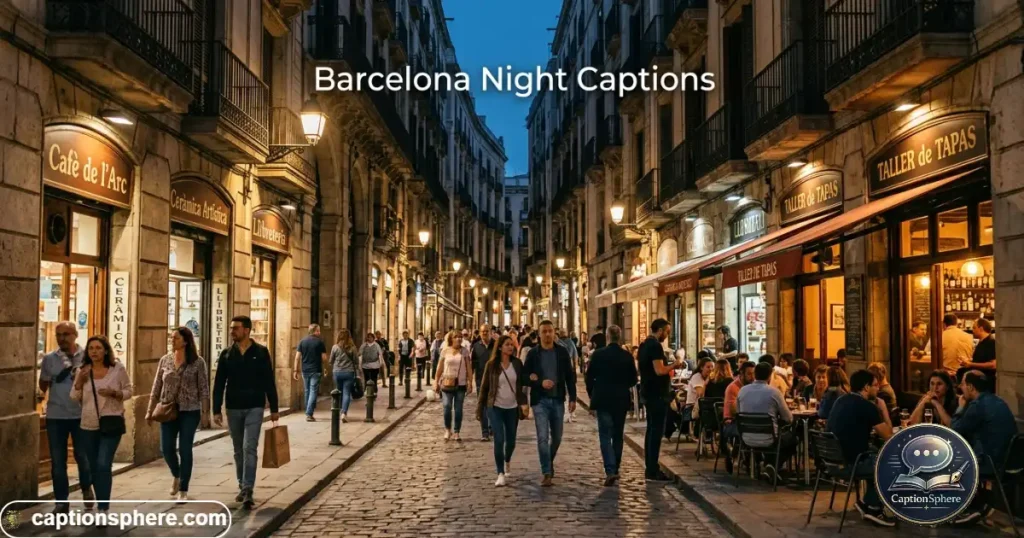Barcelona street glowing with evening lights and people walking past cafés