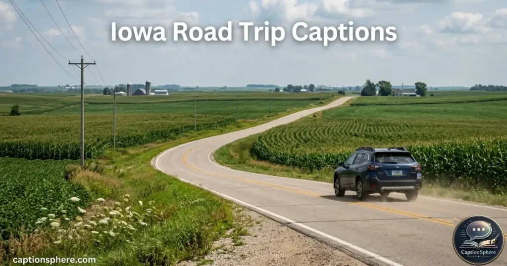 Car traveling along a rural Iowa road bordered by summer fields