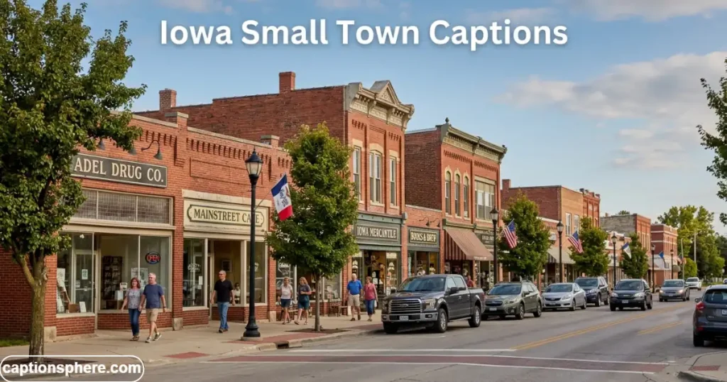 Historic Iowa main street with brick storefronts and pedestrians