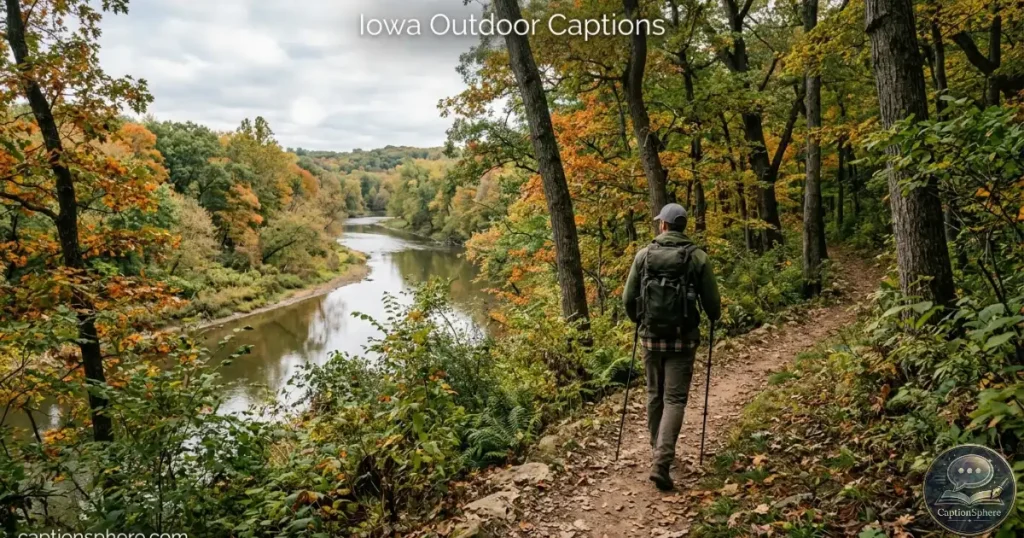 Hiker walking along a wooded Iowa trail near a river