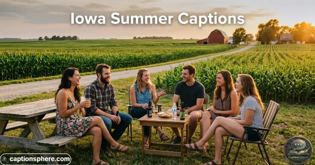 Friends relaxing outdoors beside Iowa fields on a sunny summer evening