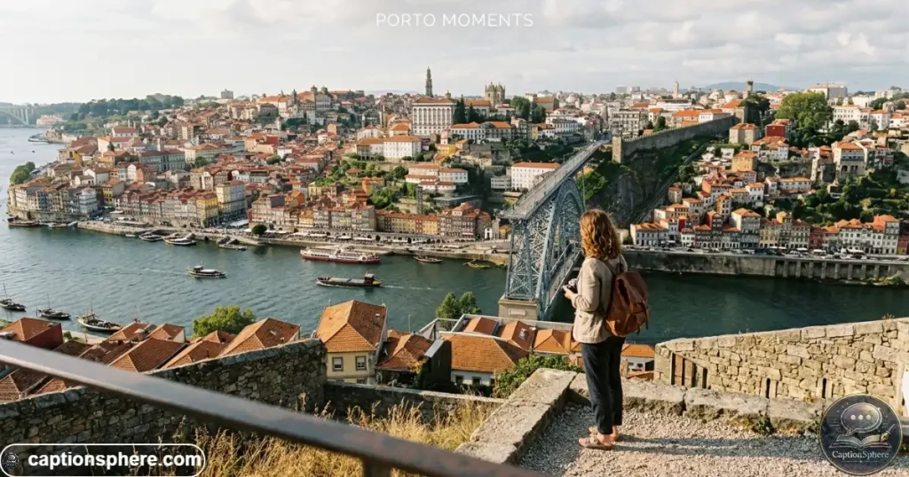 Traveler viewing Porto rooftops and Douro River from a riverside overlook