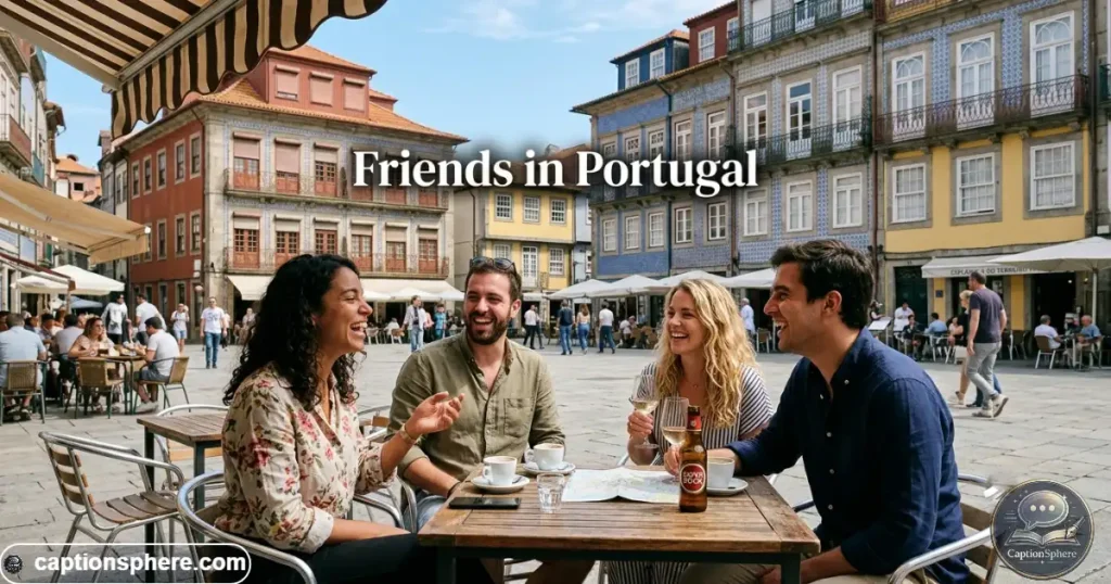 Group of friends laughing together in a Portuguese city square