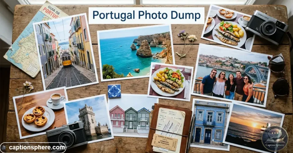 Travel photographs arranged around a Portugal itinerary with beach and city scenes