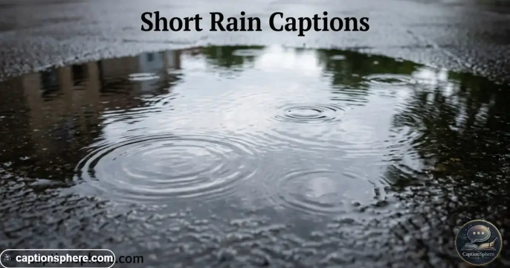 Rain droplets falling onto a shallow puddle reflecting cloudy skies