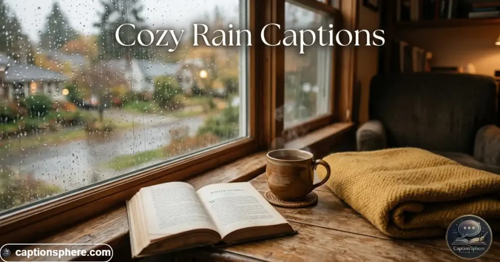 Warm mug and blanket beside a rain-covered window indoors
