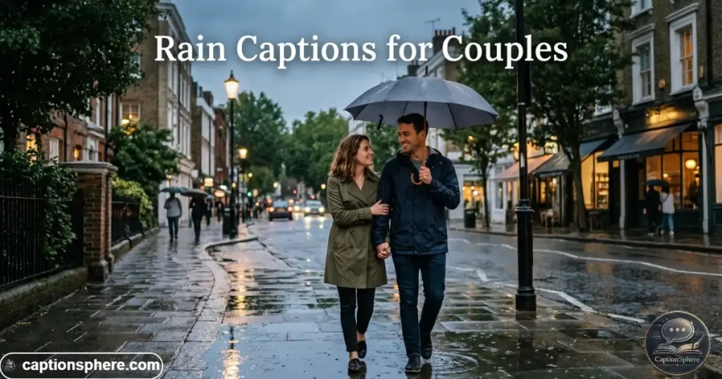 Couple walking hand in hand beneath one umbrella in light rain