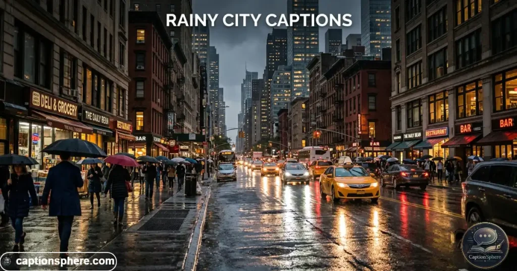 Wet downtown street with umbrellas, headlights, and glowing reflections