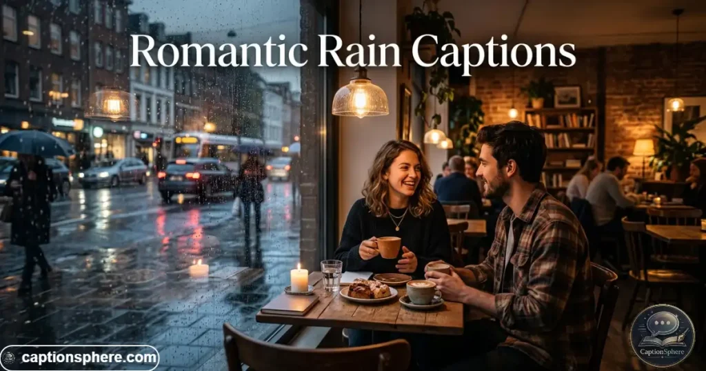 Couple seated beside a café window while rain falls outside
