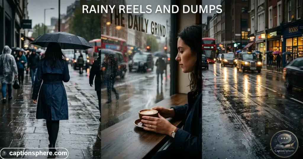 Collage-like scene of rainy streets, coffee, umbrellas, and city reflections