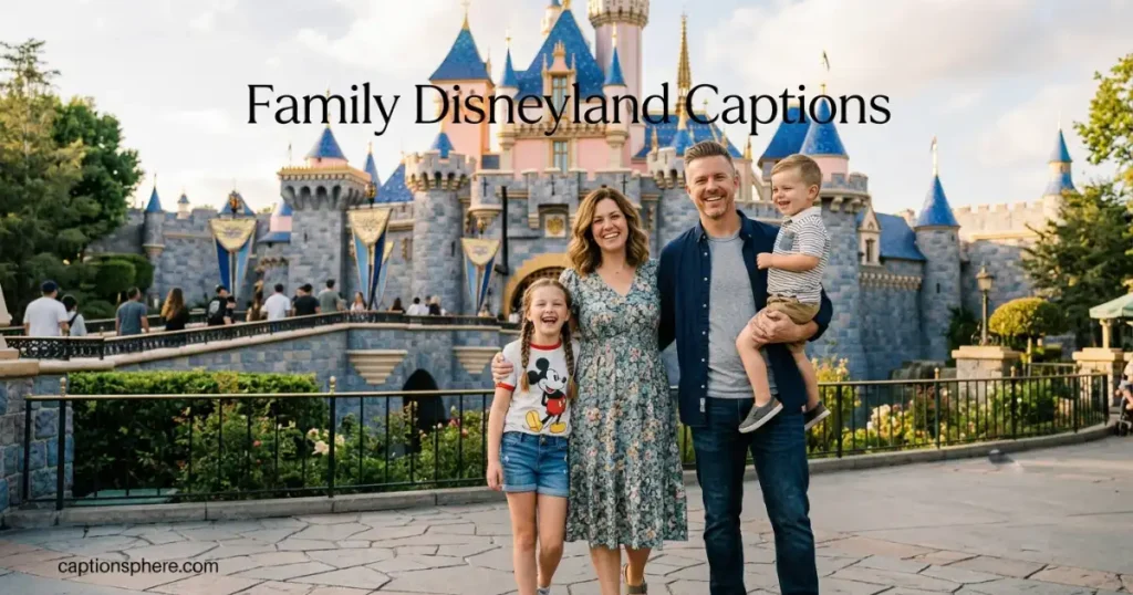 Family smiling together in front of Sleeping Beauty Castle